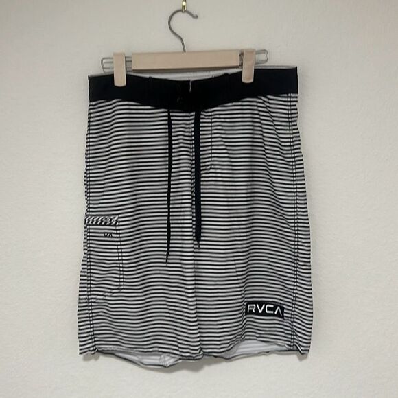 RVCA Mens Black‎ White Striped Swim Trunks Surf Boardshorts Size 28 - Picture 1 of 7